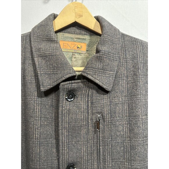 ENZO Tovare Italy Wool Zip/button Front Car Coat Brown Check Lined - Picture 3 of 13